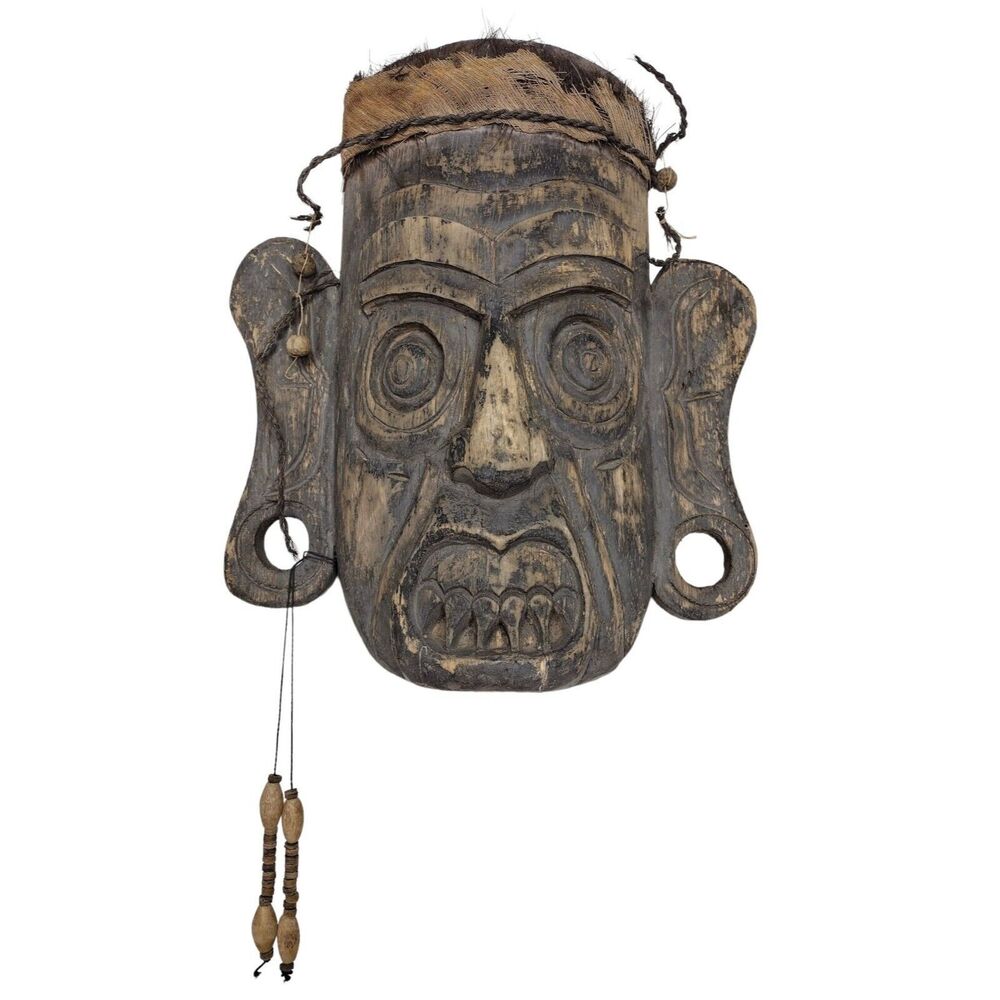 Vintage Primitive Handcrafted Warrior God Mask Wood Hair Husk Beads